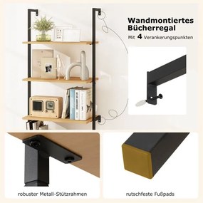 Estante de parede 60 x 30 x 184 cm 3 níveis com armário de rattan, forma de escada para montagem na parede Natural e preto