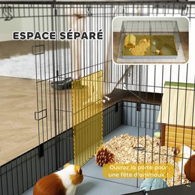 Gaiola 2 em 1 para pequenos animais 121 x 61 x 61 cm com tampa amovível, recinto para coelhos com 2 zonas separadas e rampa, em aço preto