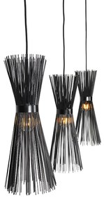 Candeeiro de suspensão rural preto alongado de 3 luzes - Vassoura Art Deco