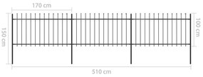 Cerca de jardim com topo em lanças 5,1x1 m aço preto