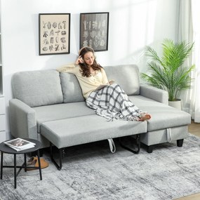Sofá-Cama Chaise Longue de 3 Lugares Chaise Longue Reversível Ambos Lados com Armazenamento com Capas Removíveis 197x129x85 cm Cinza
