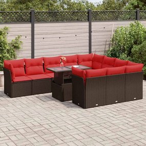 11 pcs conj. sofás jardim c/ almofadões vime PE/acácia castanho