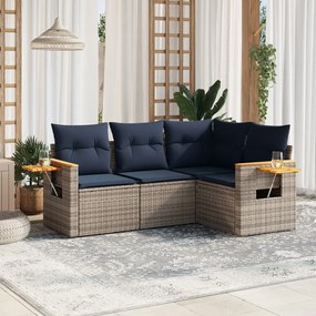 4 pcs conjunto sofás p/ jardim c/ almofadões vime PE cinzento