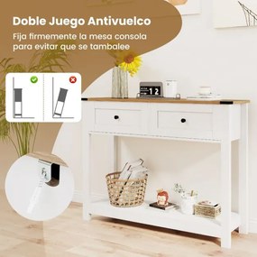 Mesa consola 106 x 30 x 81,5 cm com 2 gavetas e prateleira aberta, estreita, para hall de entrada, corredor ou sala de estar, branca