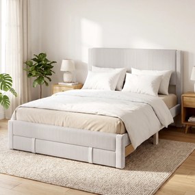 Cama Estofada 140x200 cm (COLCHÃO NÃO INCLUIDO) com Cabeceira Acolchoada Gaveta de Arrumação e Ripas de Madeira Bege