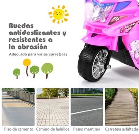 Moto eléctrica para crianças com bateria 6 V com 3 rodas Música incorporada, luzes, velocidade para a frente e marcha-atrás Rosa