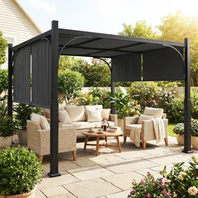Pérgula de jardim de 3 x 3 m com Tenda deslizante, estrutura metálica, para exterior, cinzento escuro