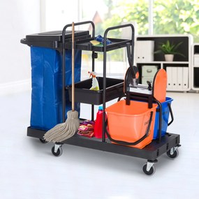HOMCOM Carro de Limpeza Professional com Escorredor de Alavanca com 3 Prateleiras e 2 Baldes de 18L Bolsa com Tampa Rodas 111x63,3x103cm Preto Azul e