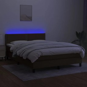 Cama box spring c/ colchão/LED 140x190cm tecido castanho-escuro