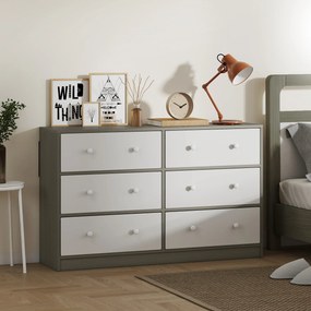 Cómoda com 6 Gavetas de Tecido Cómoda para Quarto Estrutura de Aço e MDF 114x30x70 cm Branco e Cinza