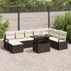 Conjunto de Sofá de Jardim de 9 Peças com Almofadas Castanho Poly Ratt