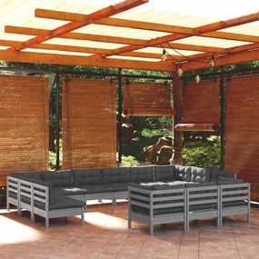 13 pcs conjunto lounge de jardim c/ almofadões pinho cinza