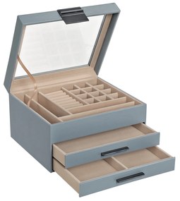 Caixa de joias SONGMICS com tampa de vidro, organizador de joias de 3 camadas com 2 gavetas, armazenamento de joias, amplo espaço de armazenamento, estilo moderno, presente para entes queridos, azul esfumaçado JBC239BU