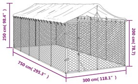 Canil de exterior com teto 3x7,5x2,5 m aço galvanizado prateado