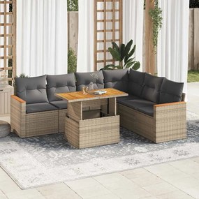 7 pcs conjunto sofás jardim com almofadões vime PE/acácia bege