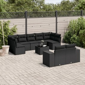 10 pcs conjunto sofás de jardim c/ almofadões vime PE preto