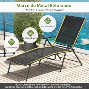 Conjunto de 2 espreguiçadeiras jardim dobráveis com encosto de 6 níveis Assento respirável Estrutura metálica em tecido 189 x 64 x 102 cm Preto