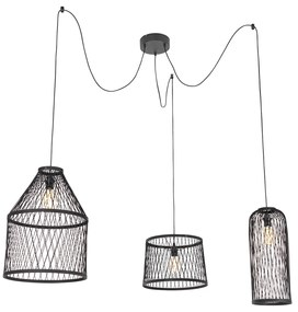 Candeeiro de suspensão exterior inteligente preto em vime 3 luzes com LED incluído - Calamus Rústico