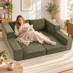 Sofá-cama de 2 Lugares, 208 x 181 x 58 cm, Convertível 4 em 1, Verde
