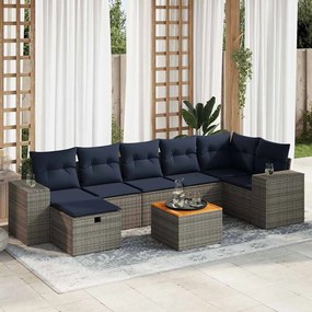 8 pcs conjunto sofás de jardim c/ almofadões vime PE cinzento