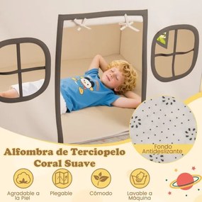 Casa de brincar para crianças para interior 120 x 101 x 143 cm, com luzes de estrelas e tapete acolchoado a partir dos 3 anos Bege + Café