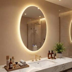 Espelho oval 70 x 50 cm, 3 cores de luz reguláveis, função de memória, espelho de vidro temperado Prata