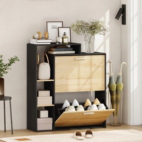 Sapateira com capacidade para 8 pares 80 x 26 x 90 cm, estreita com 2 gavetas rebatíveis, 3 compartimentos abertos, preto, efeito madeira natural