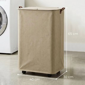 Cesto de Roupa Suja com Tampa e Rodas, 50L, Dobrável com Bolsa com Cordão Removível, 40x30x65 cm, Castanho