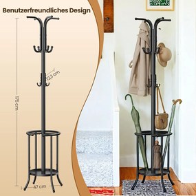 Cabide com porta-guarda-chuvas, 12 ganchos 40 x 40 x 175 cm preto