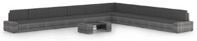 11 pcs conjunto lounge de jardim c/ almofadões vime PE cinzento
