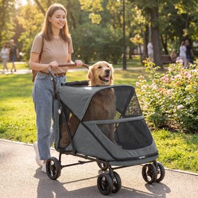 Carrinho para Cães Dobrável com um Botão até 30 kg com Suspensão em 4 Rodas Giratório e Travão de Pé Cinzento