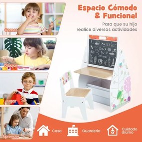 Conjunto de mesa e cadeira para crianças com 2 caixas de tecido removíveis, quadros magnéticos e quadro branco para brincar e desenhar Branco