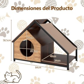 Casa de madeira para gatos de interior 84 x 43 x 58,5 cm com varanda Telhado inclinado removível e estrutura metálica Castanho