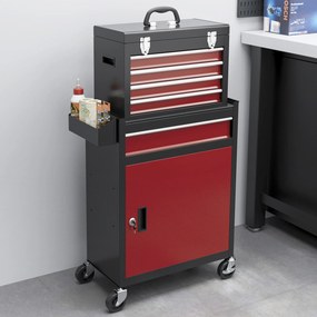 Armário de ferramentas com fechadura e rodas, com 5 gavetas e porta, com rodas, para a oficina e para casa, vermelho