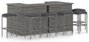 8 pcs conjunto de bar p/ jardim c/ almofadões vime PE cinzento