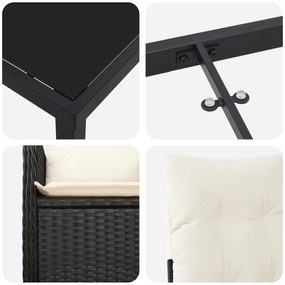 Conjunto de Jantar de Jardim 3 Peças com Almofadas Pretas de Rattan Po