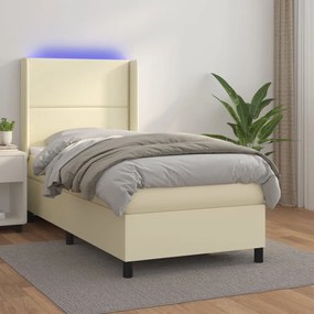 Cama box spring c/ colchão/LED 90x200 cm couro artificial creme