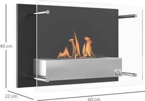 Lareira de bioetanol de parede para encastrar com queimador de 0,9 L, cerca de 3 horas de autonomia, 60 x 22 x 40 cm, preta