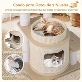Arranhador para gatos de 151 cm com vários níveis, com poleiro acolchoado, caverna de 2 níveis, poste para arranhar e rede natural + branco