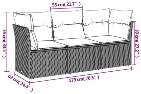 3 pcs conj. sofás jardim c/ almofadões vime PE cinzento-claro