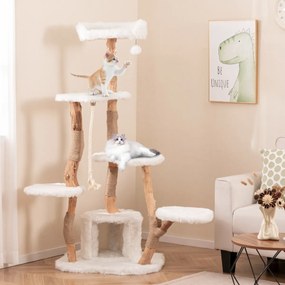 Arranhador de madeira maciça para gatos 168 CM com poleiro Caverna e Postes de arranhar 6 camadas Bola suspensa branca