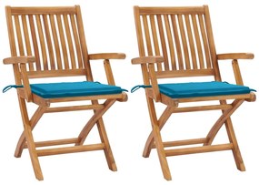 Cadeiras de jardim c/ almofadões azuis 2 pcs teca maciça