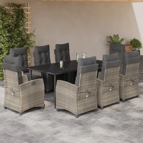 vidaXL 9 pcs conjunto de jantar p/ jardim c/ almofadões cinzento claro