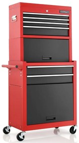 Caixa de ferramentas com rodinhas de alta capacidade 2 em 1 com alça e 4 rodas para garagem - vermelha