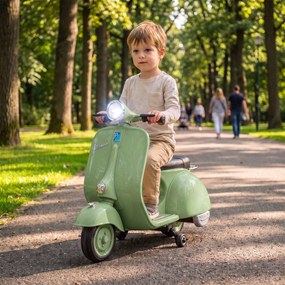 Mota Elétrica Infantil 6V Vespa com Licença Oficial, Arranque Suave, Rodinhas Desmontáveis, Luz Dianteira, Música, Buzina e USB, Verde