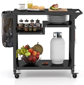 Carrinho de churrasco para exterior com 3 Estantes com 4 rodas e tábua de metal 111 x 50,5 x 93 cm Preto