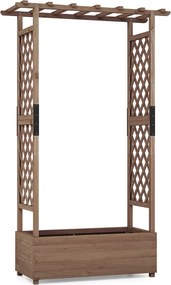 Floreira jardim elevada de madeira com treliça em arco Furo de drenagem 110 x 44 x 182 cm Castanho