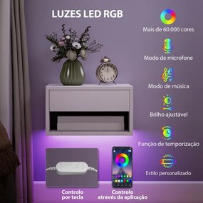 Conjunto de 2 Mesas de Cabeceira Flutuantes 37x32x21 cm com Luzes LED RGB Controlo por APP e Prateleira Aberta Branco