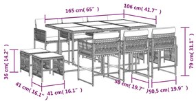 11 pcs conjunto de jantar p/ jardim com almofadões vime PE bege