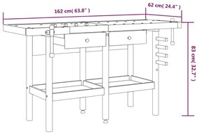 Bancada de trabalho + gavetas/tornos 162x62x83 cm acácia maciça